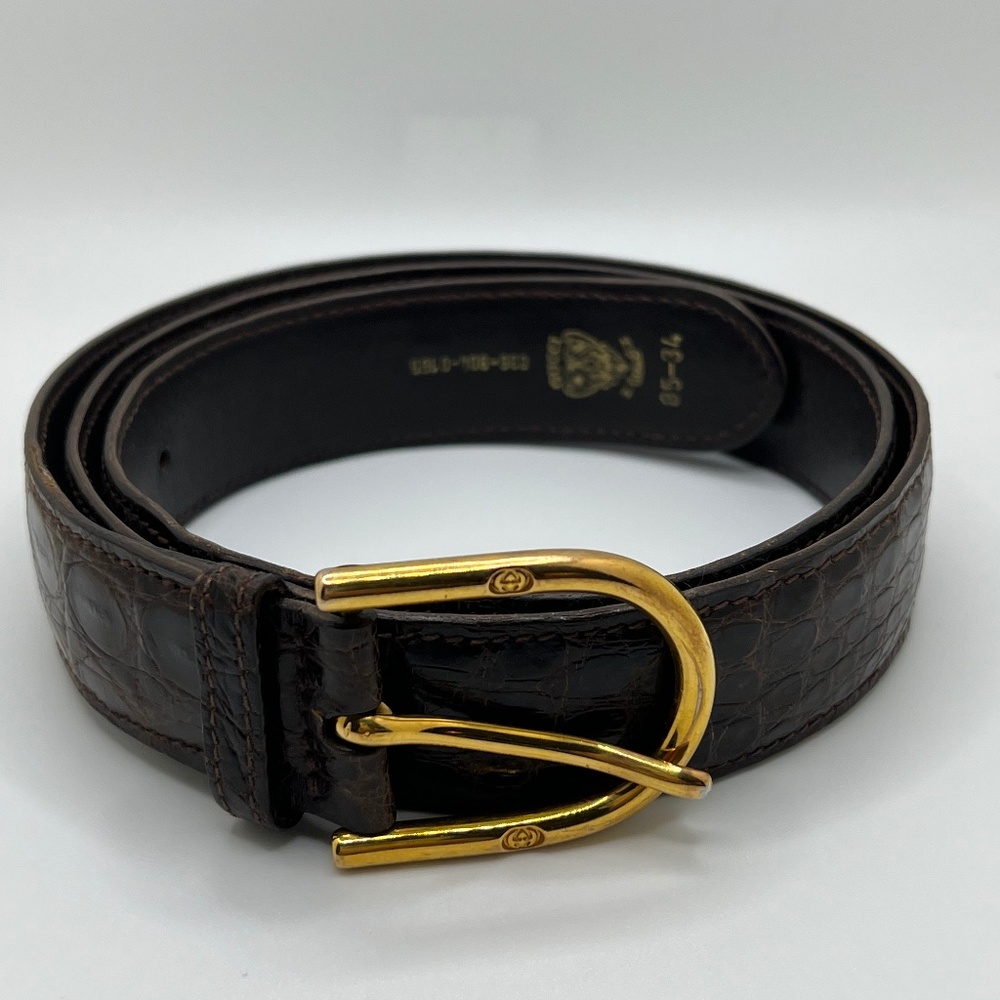Authentic Vintage Gucci Brown Crocodile Embossed Leather Belt Gold Logo Buckle
